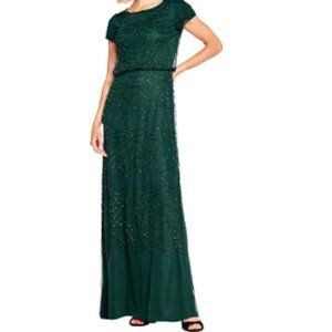 Adrianna Papell Women's Short Sleeve Blouson Beaded Gown = Size 16, Emerald
